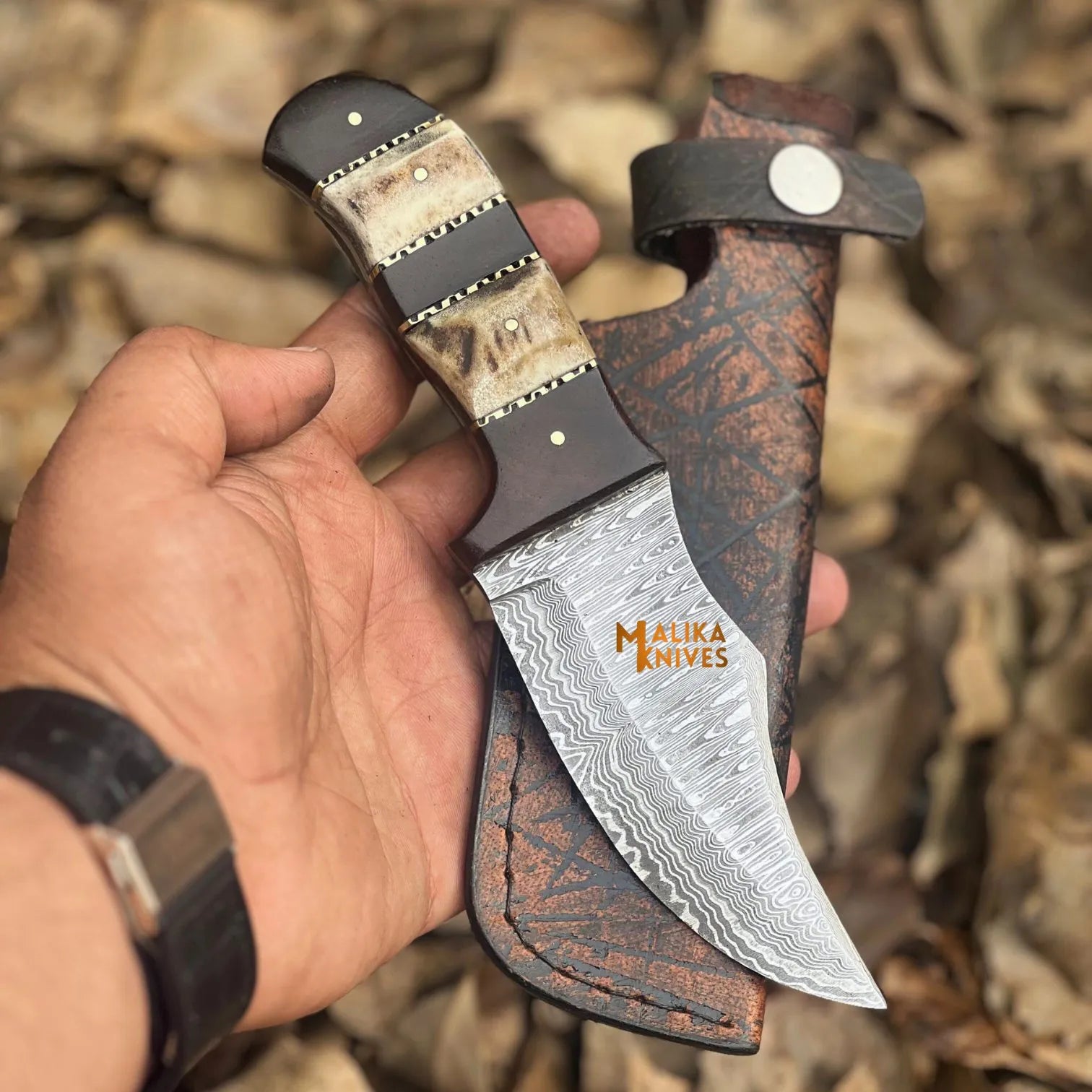 SS Damascus Stag Skinner Knife with Custom Leather Sheath-0047