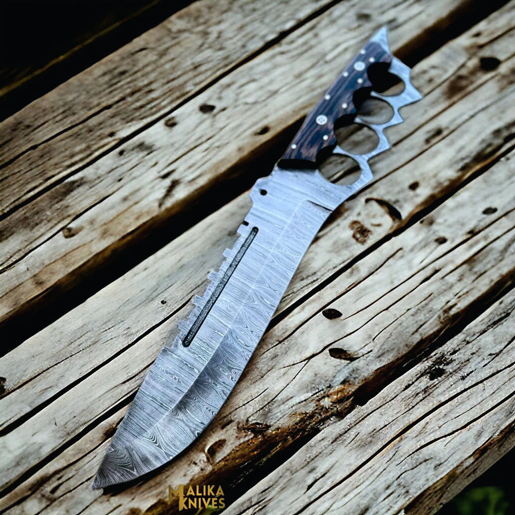 Damascus Knuckle Bowie Knife Wenge Wood Full Tang