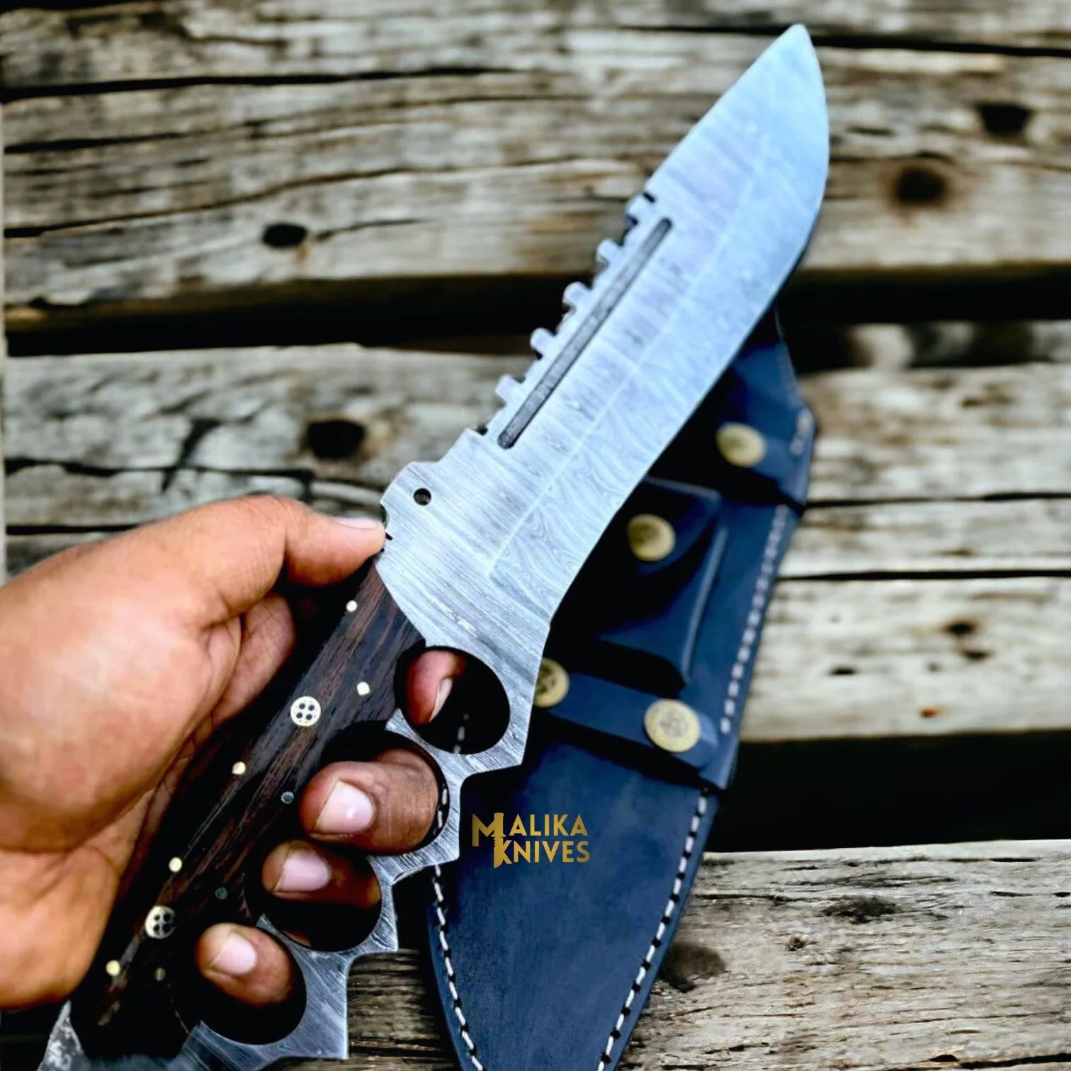 Damascus Knuckle Bowie Knife Wenge Wood Full Tang