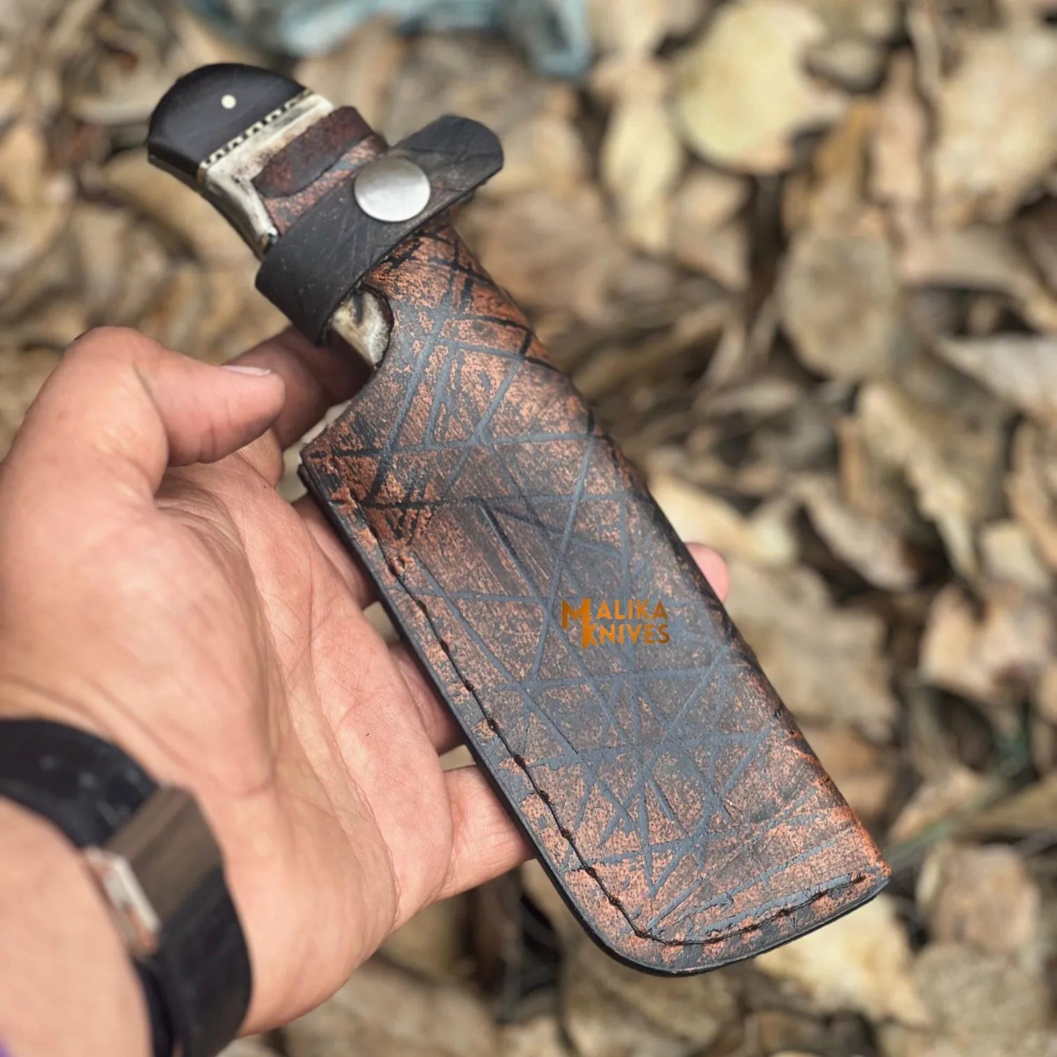 SS Damascus Stag Skinner Knife with Custom Leather Sheath-0047
