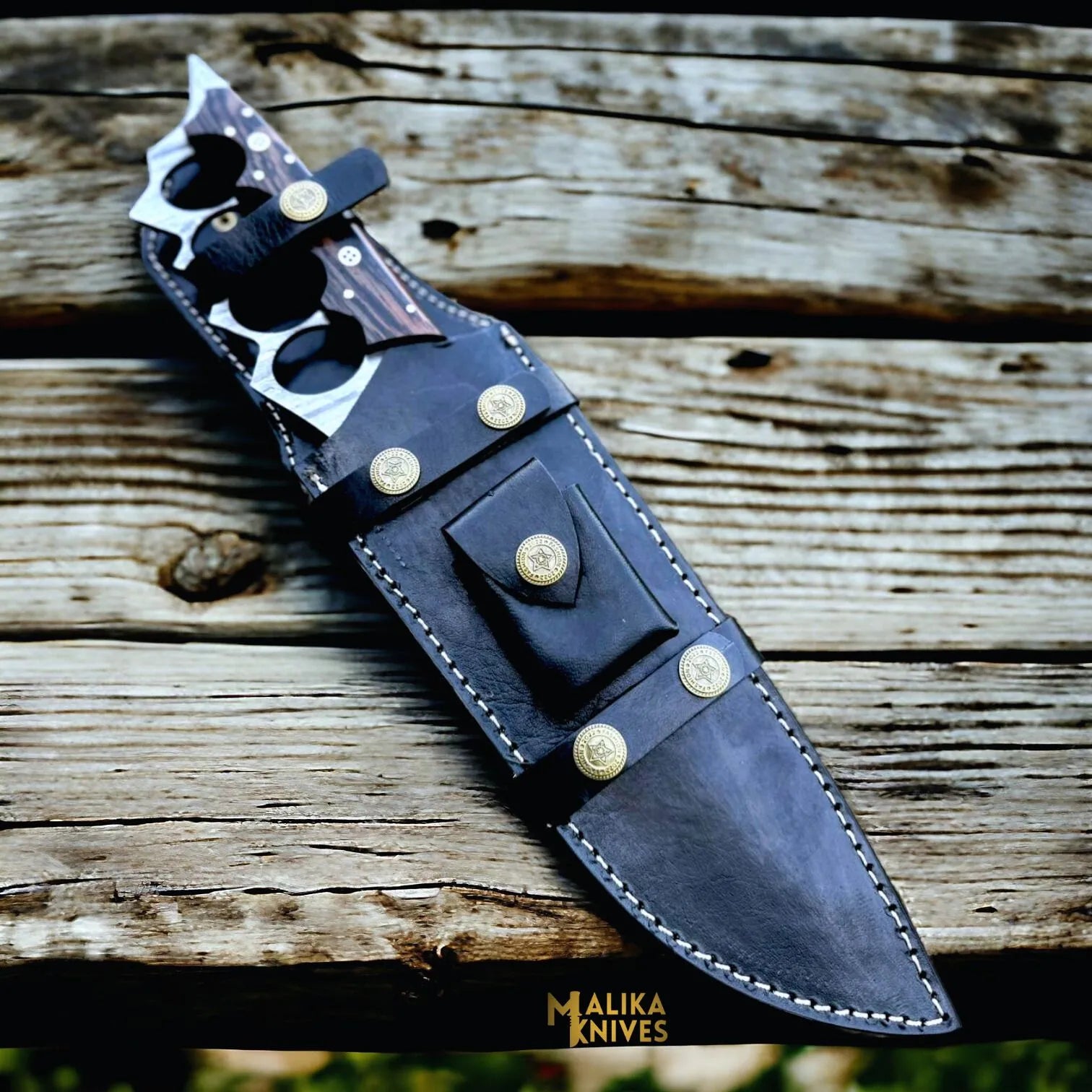 Damascus Knuckle Bowie Knife Wenge Wood Full Tang