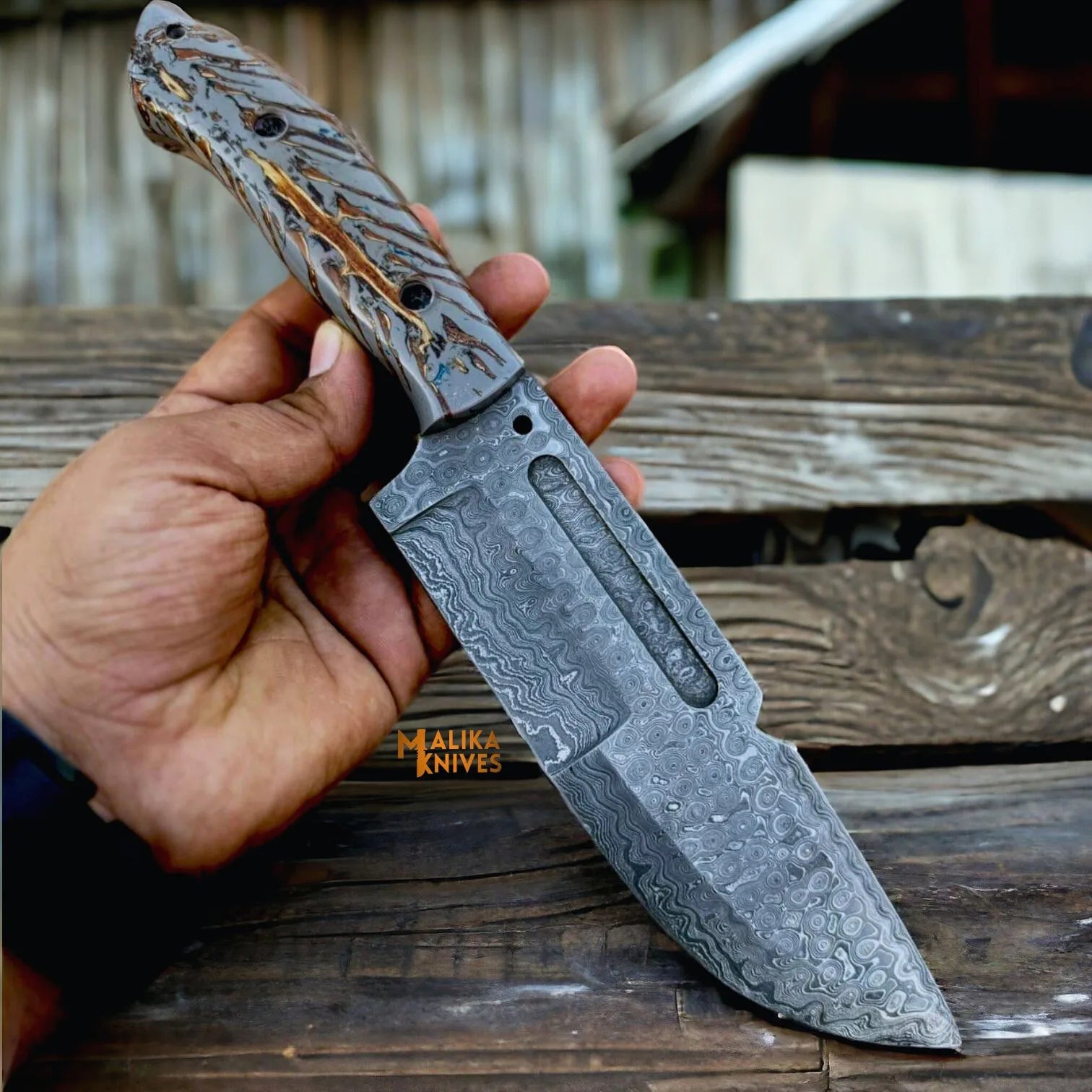 Damascus Bowie Knife Pine Cone Resin Handle