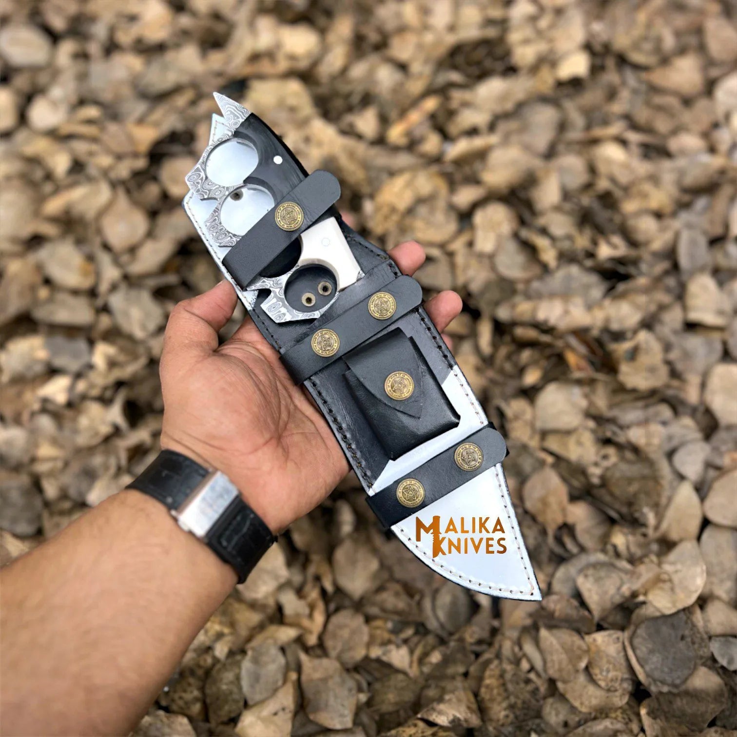 Damascus Knuckle Bowie Knife Resin Handle Leather Sheath