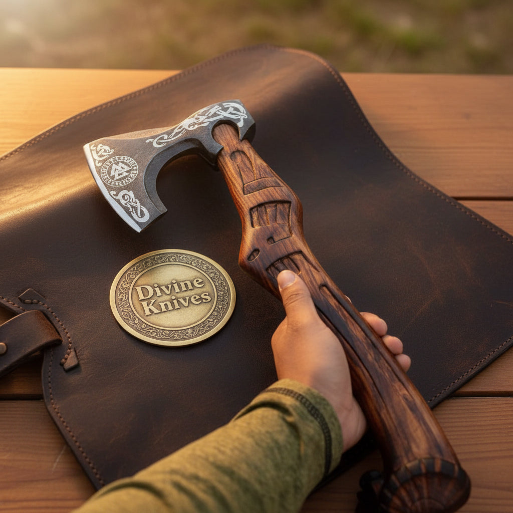 Thor Goat Viking Axe with Carved Goat Pommel Handle