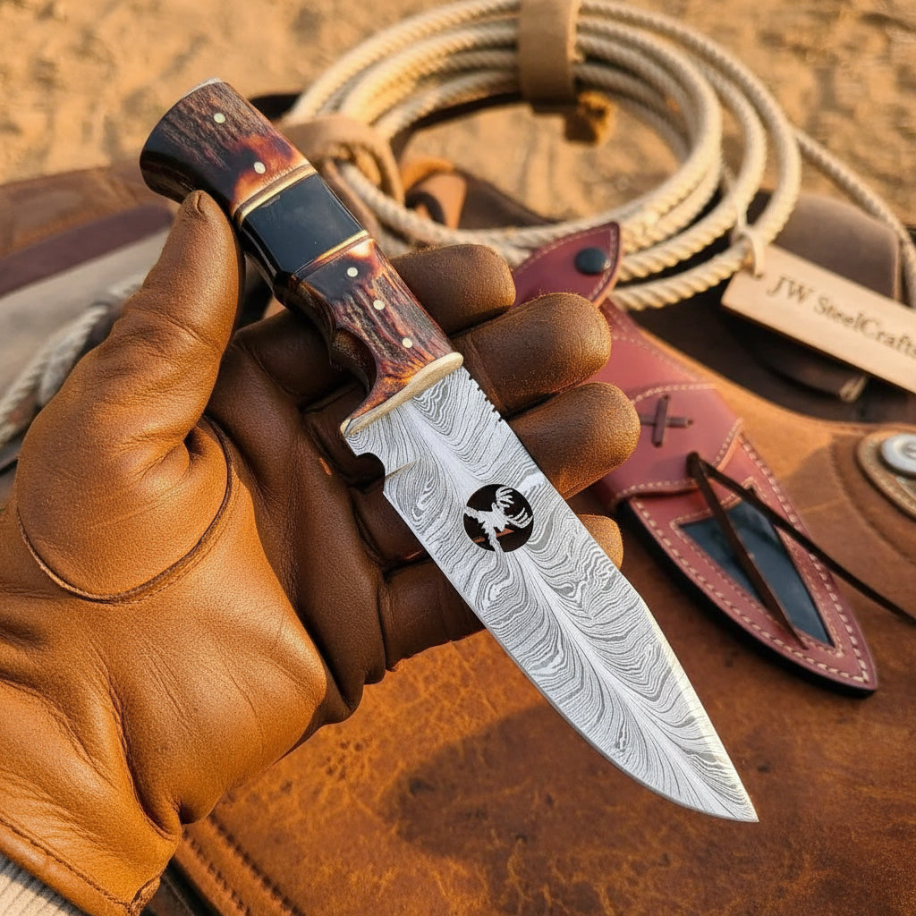 Texas Star Damascus Bowie Knife 11" Handmade Deer Engraved Two-Tone Handle