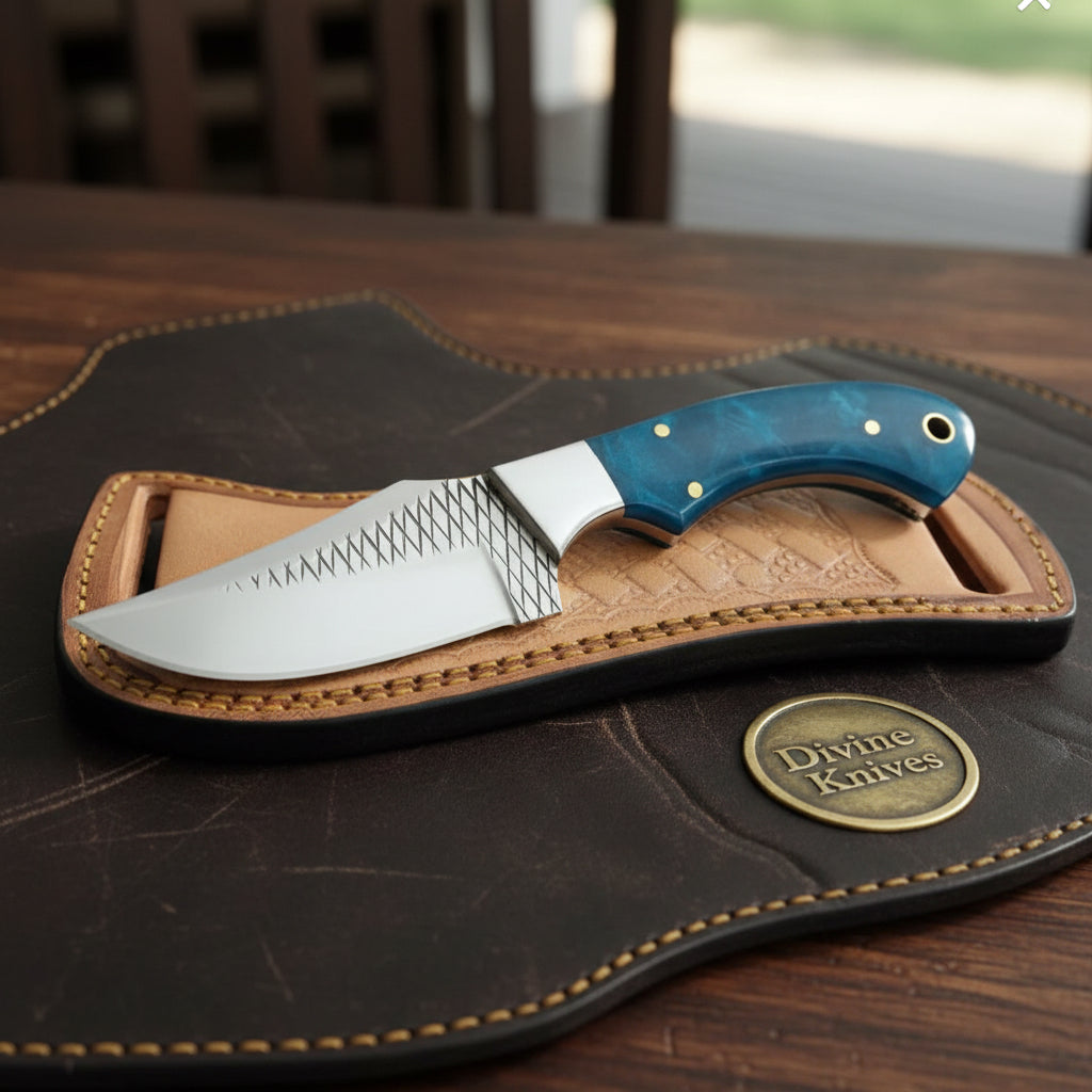 Blue Farrier Rasp Cowboy Belt Knife with Clip Point Blade