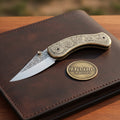 Engraved Brass Folding Pocket Knife with Scroll Etched Blade and Slim Curved Handle
