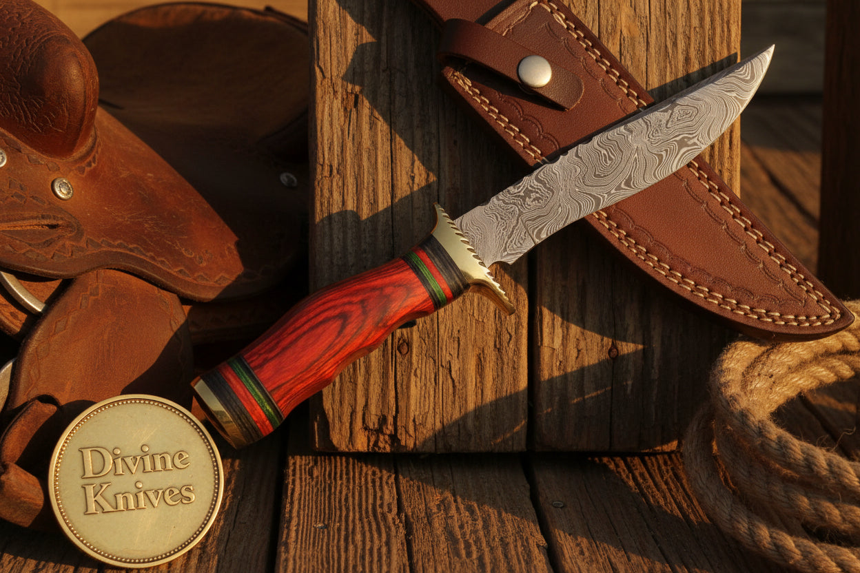 Field-Ready Damascus Gut Hook Knife with Rich Burgundy Wood Grip