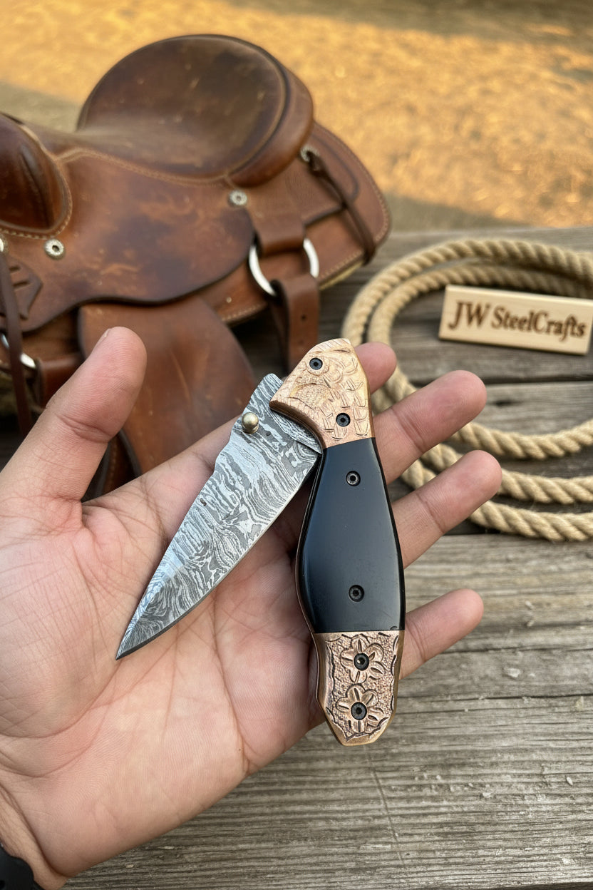 Duskhorn Damascus Folder 7.5" Handmade Micarta Handle Horn Bolster