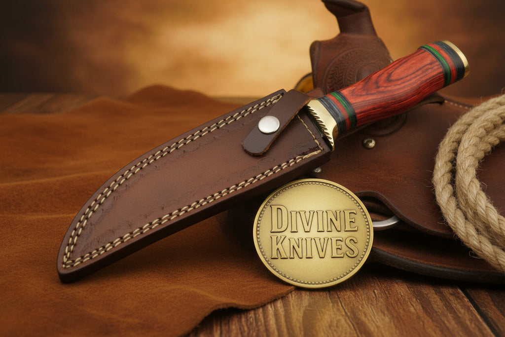Field-Ready Damascus Gut Hook Knife with Rich Burgundy Wood Grip