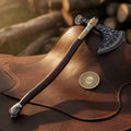 Norse Rune Etched Viking Axe with Gold Brass Bolster & Blue Stone Inlays