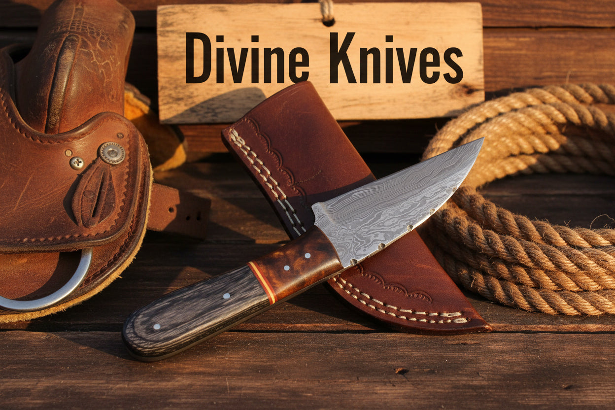 Copper Banded Two-Tone Wood Damascus Clip Point Hunting Knife