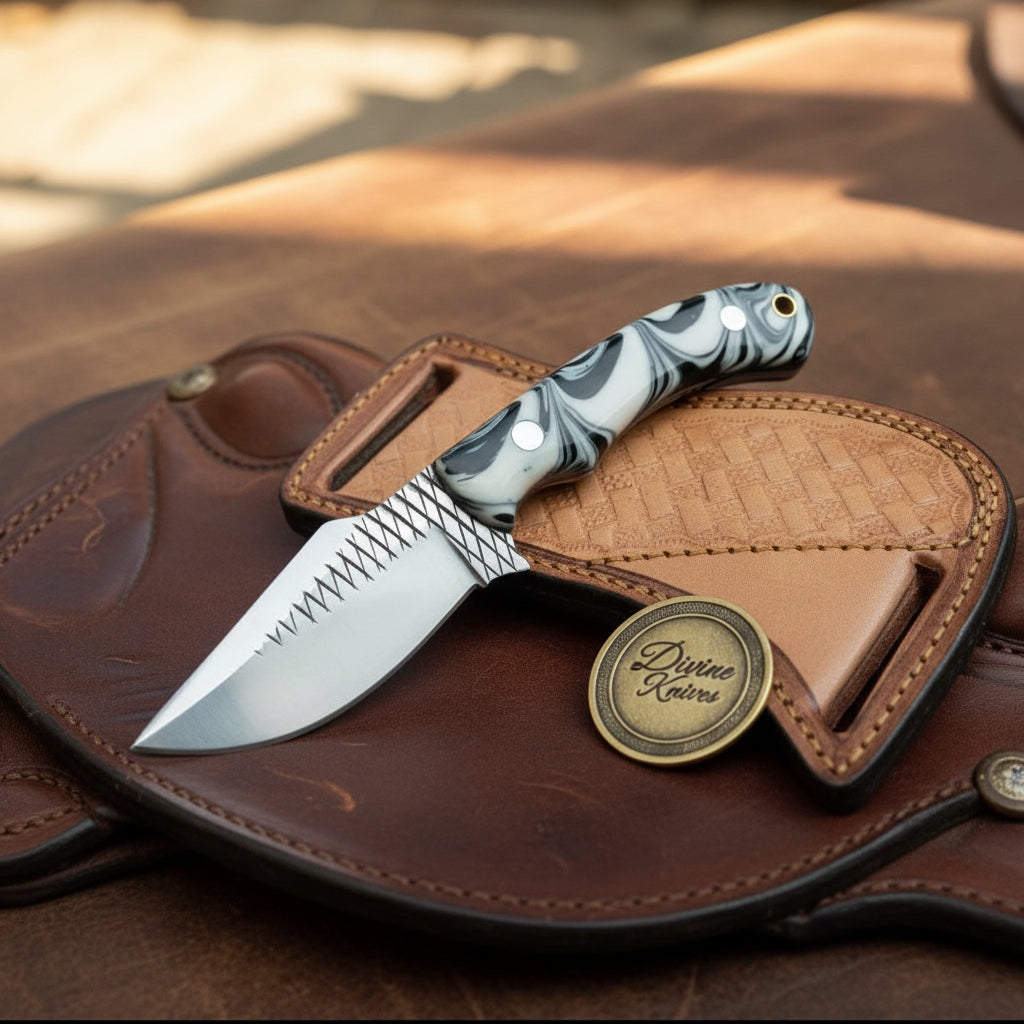 White Marble Resin Rasp Skinner Knife with Curved Rasp-Style Blade