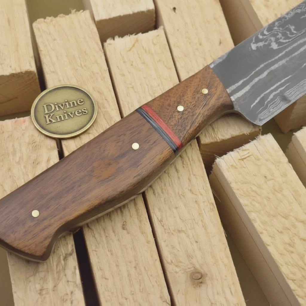 Redline Damascus Gyuto Knife with Wood Grain Blade and Red Accent Handle