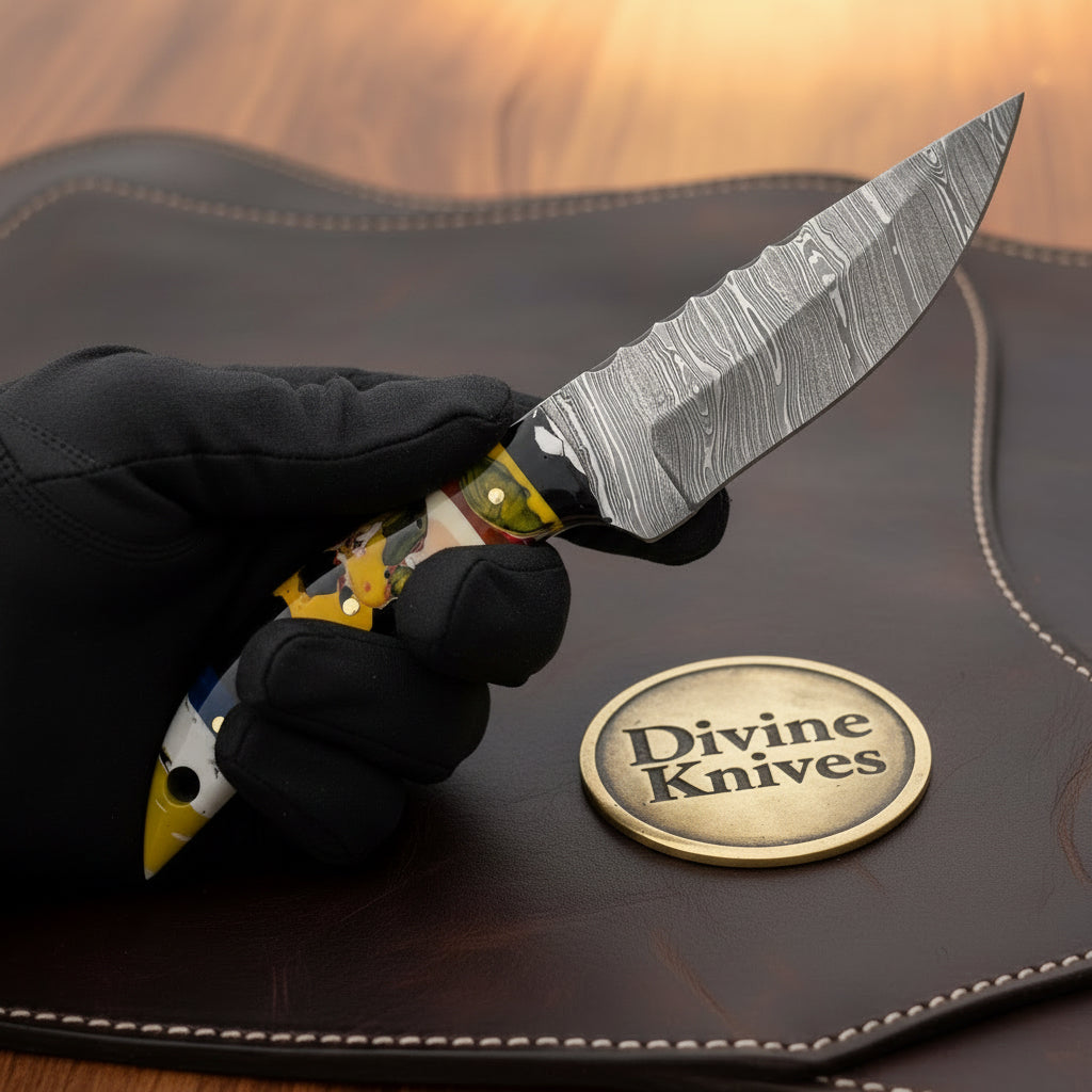 Damascus Multi-Material Puzzle Hunter Knife with Segmented Handle