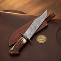 Crown Antler Bowie Knife with Hand Forged Layered Blade and Stitched Leather Sheath
