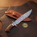 Crown Stag Damascus Bowie Rambo Knife with Natural Crown Stag Handle