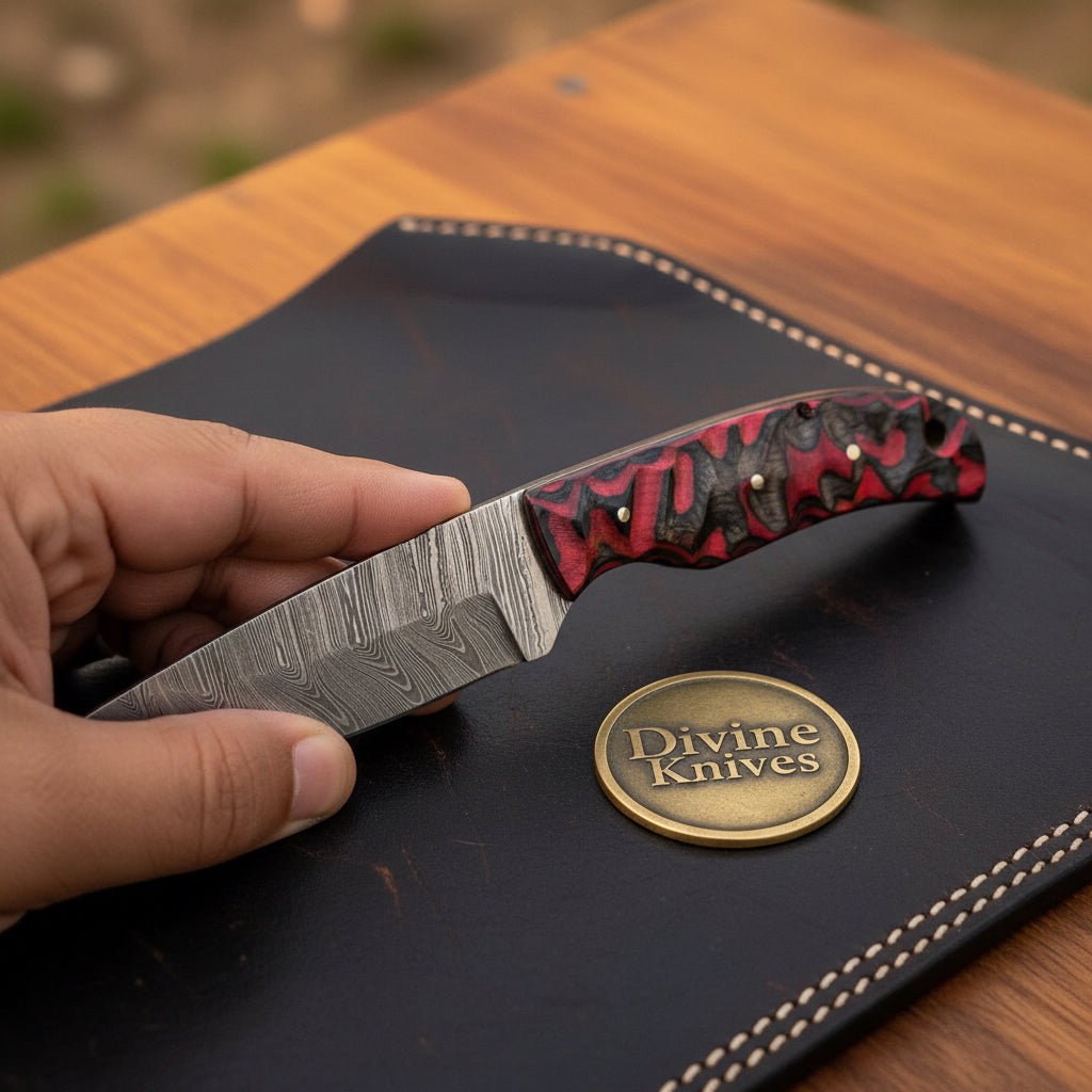 Damascus Smokewood Hunter with Flame Marbled Handle