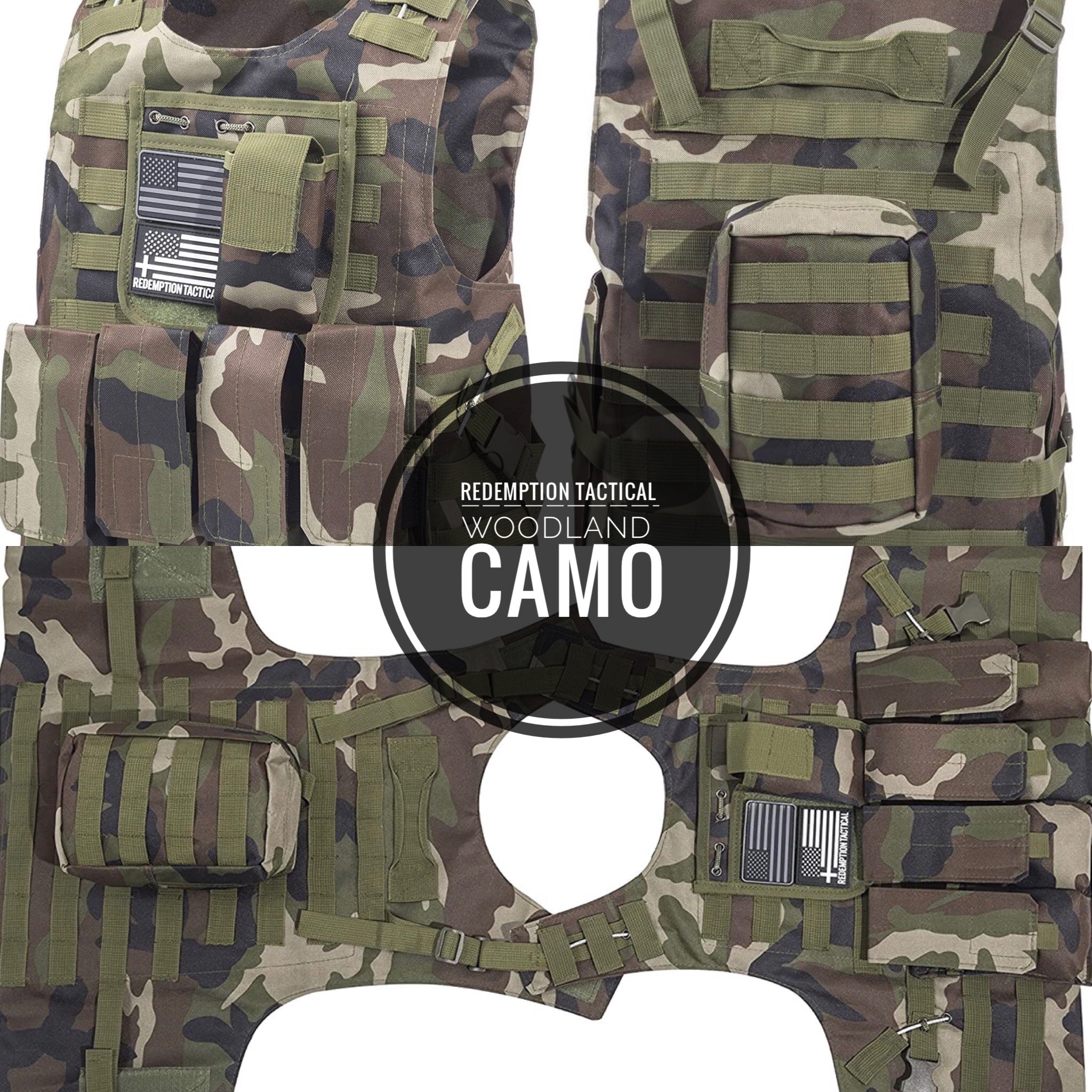 Airsoft Tactical Plate Carrier Vest with Free US Flag Patch, Mil Spec 1000D Nylon PALS Molle Modular w/ 4 Mag Pouches, Side Pouch, Chest Mag Pouch