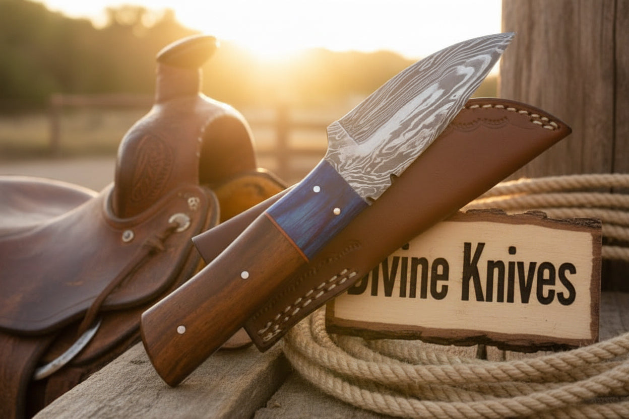 Two-Tone Blue Accent Damascus Knife with Warm Tan Wood Handle