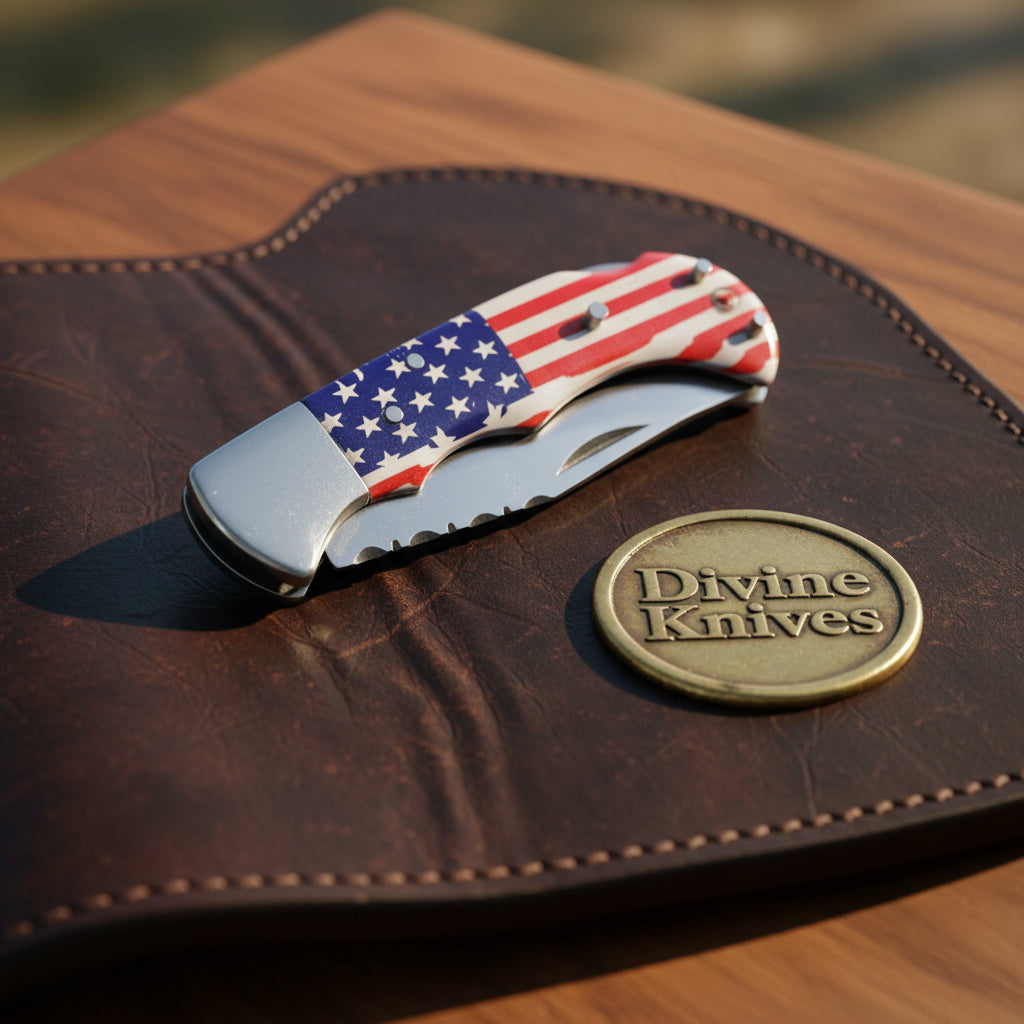 American Flag Lockback Pocket Knife with Patriotic Folding Blade