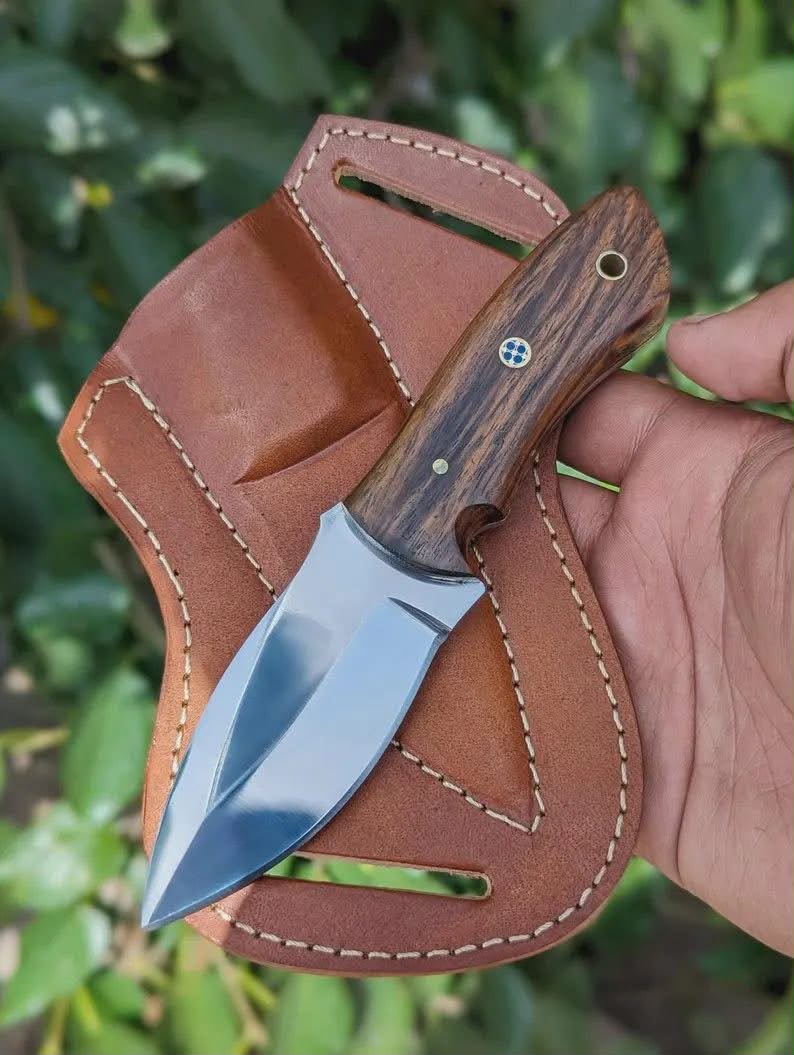 Walnut D2 Steel Mini Dagger with Polished Blade and Leather Sheath
