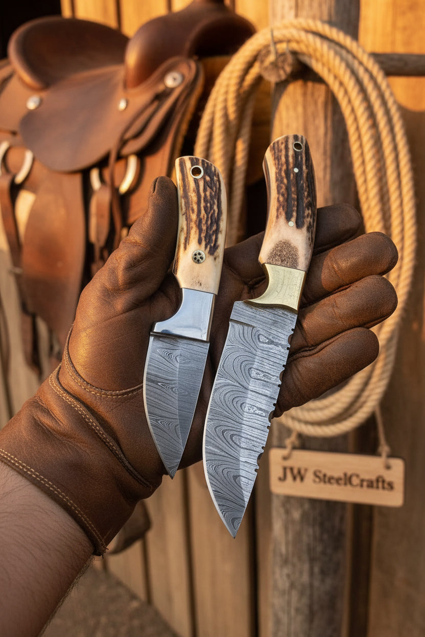 Twin Antler Hunter Knife Set of 2" Handmade Damascus Stag Horn Knife Pair