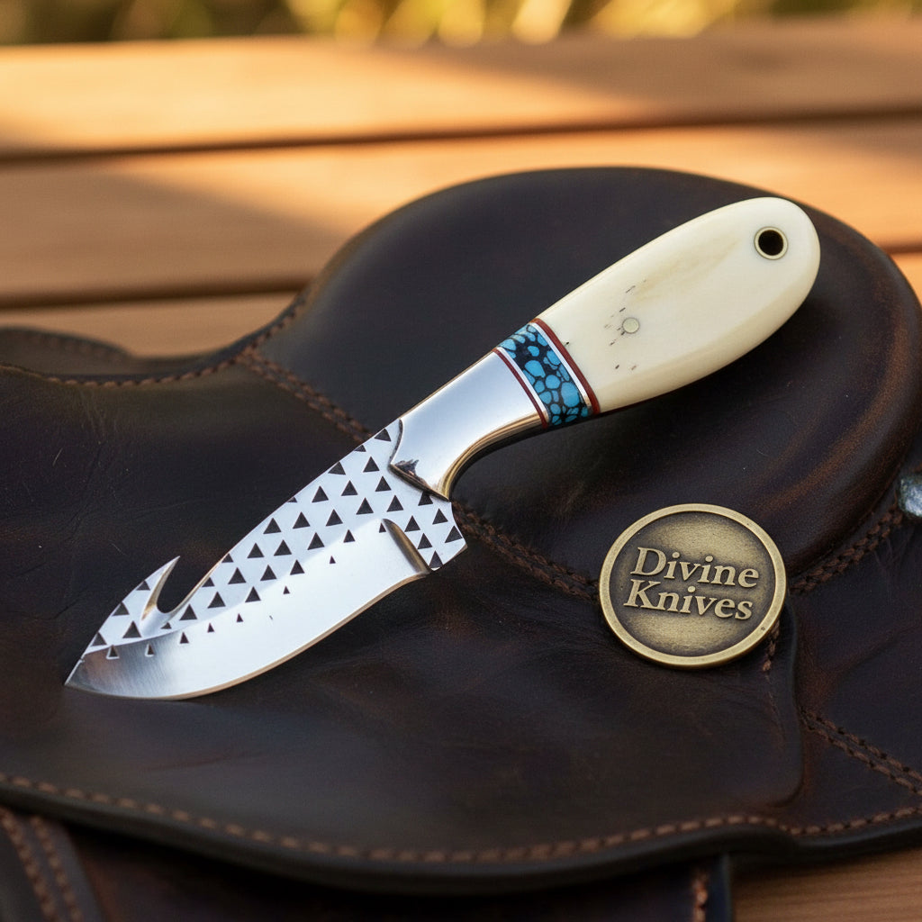 Turquoise & Bone Rasp Gut Hook Knife with Rasp Steel Blade