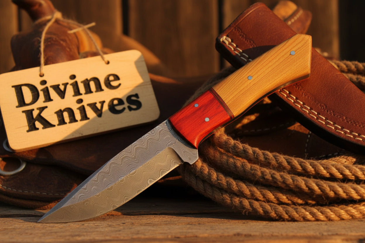 Tan and Red Wood Two-Tone Damascus Fixed Blade Knife for Camp Use