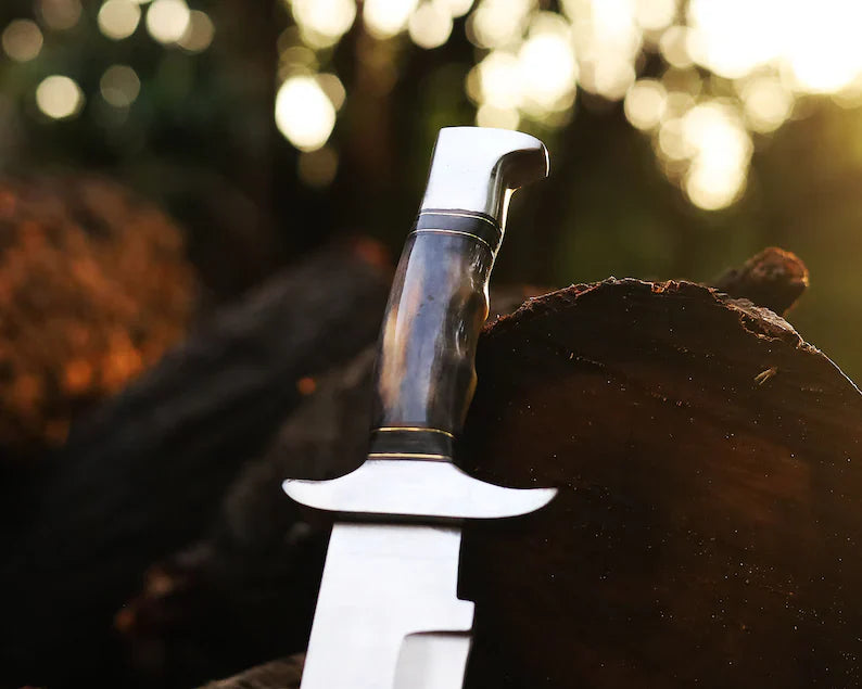 Custom Handmade J2 Steel Bowie Knife – 13" Blade, Color Bone Handle & Steel Guard with Leather Sheath