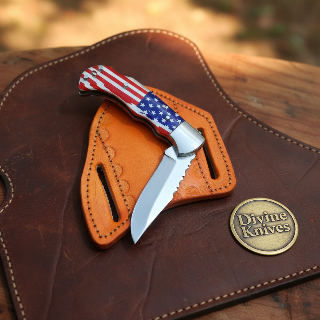 American Flag Lockback Pocket Knife with Patriotic Folding Blade