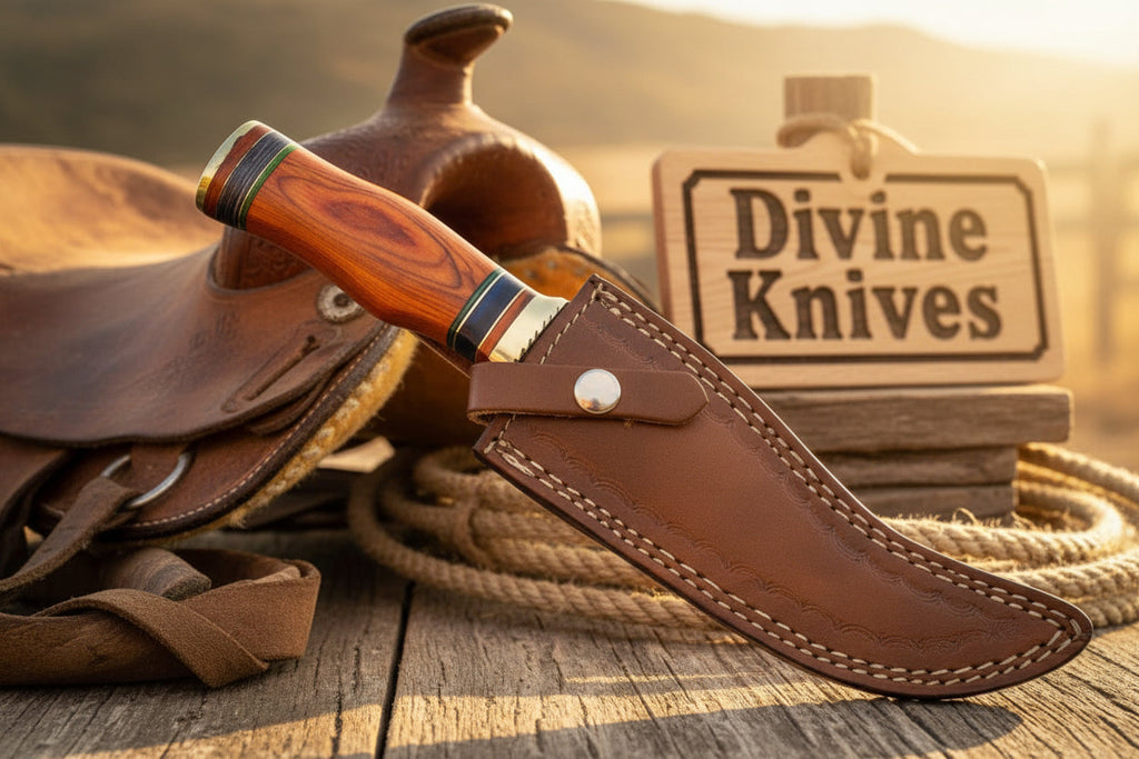 Colorful Spacer Ring Damascus Knife with Natural Tan Wood Handle