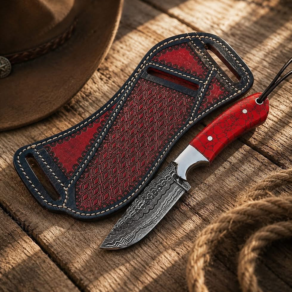 Red Coral Resin Drop Point Hunter Knife for Field Dressing and Camp Use