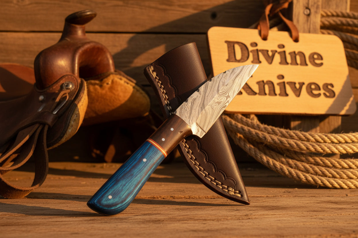 Blue Pakka Wood Damascus Knife with Contrasting Dark Wood Spacer