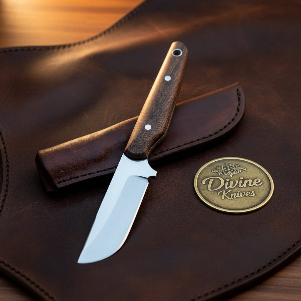 Buffalo Micarta Skinner Knife with Curved Fixed Blade and Leather Sheath