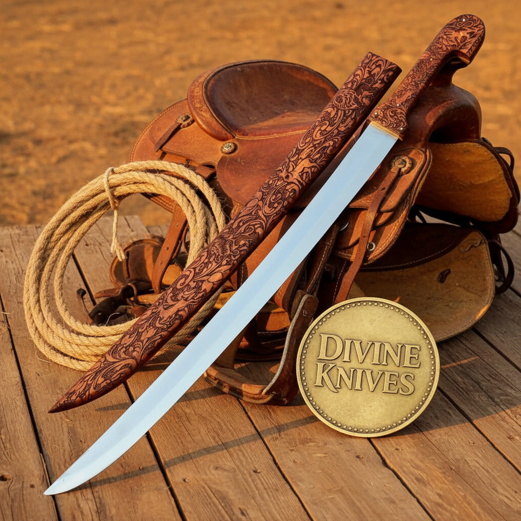 Bone Handle Damascus Knife with Handcrafted Tooled Sheath