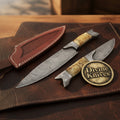 Damascus Fish Bolster Hunting & Skinning Knife Set with Ram Horn Handles