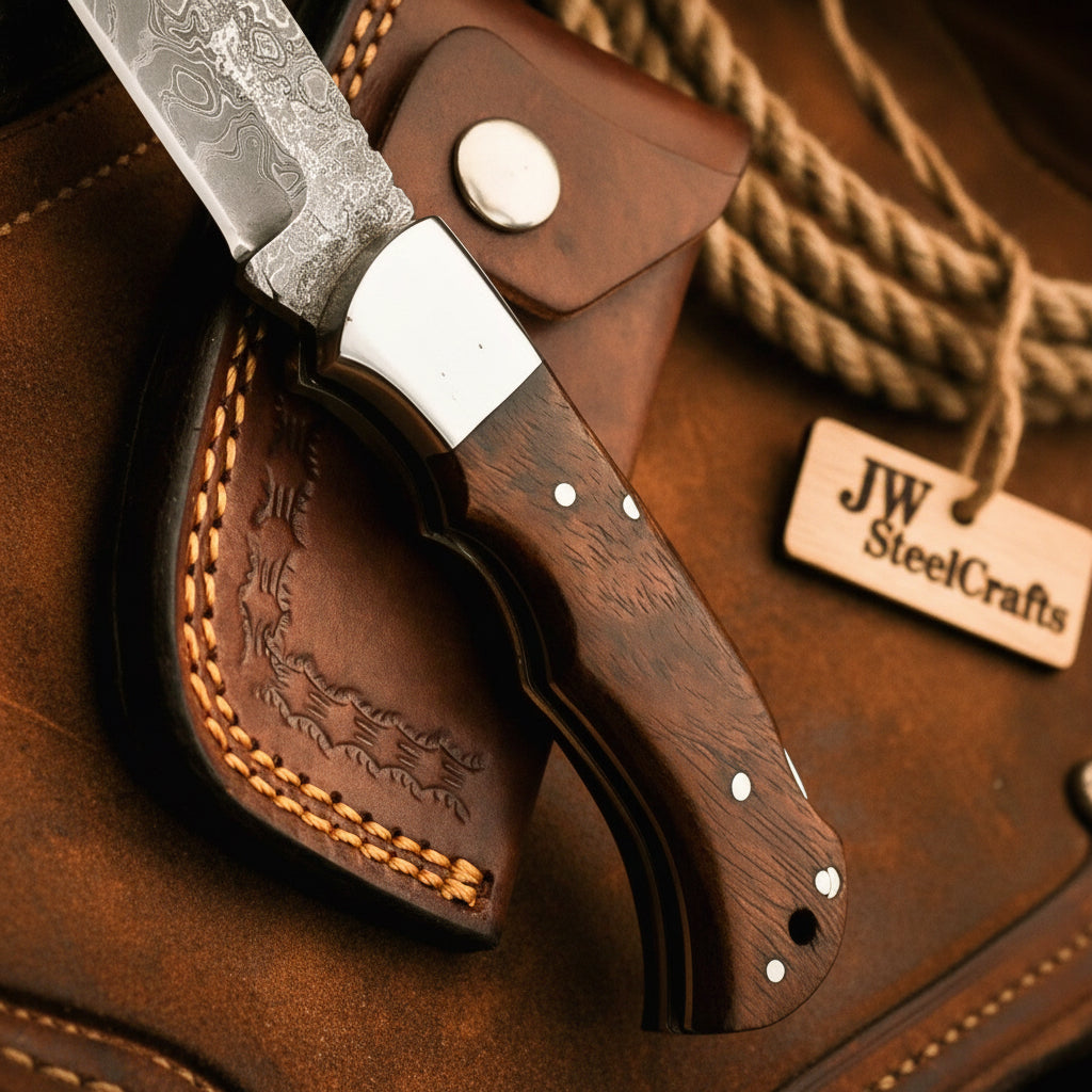 Saddle Ridge Folding Hunter Knife 8" Handmade Damascus Liner Lock