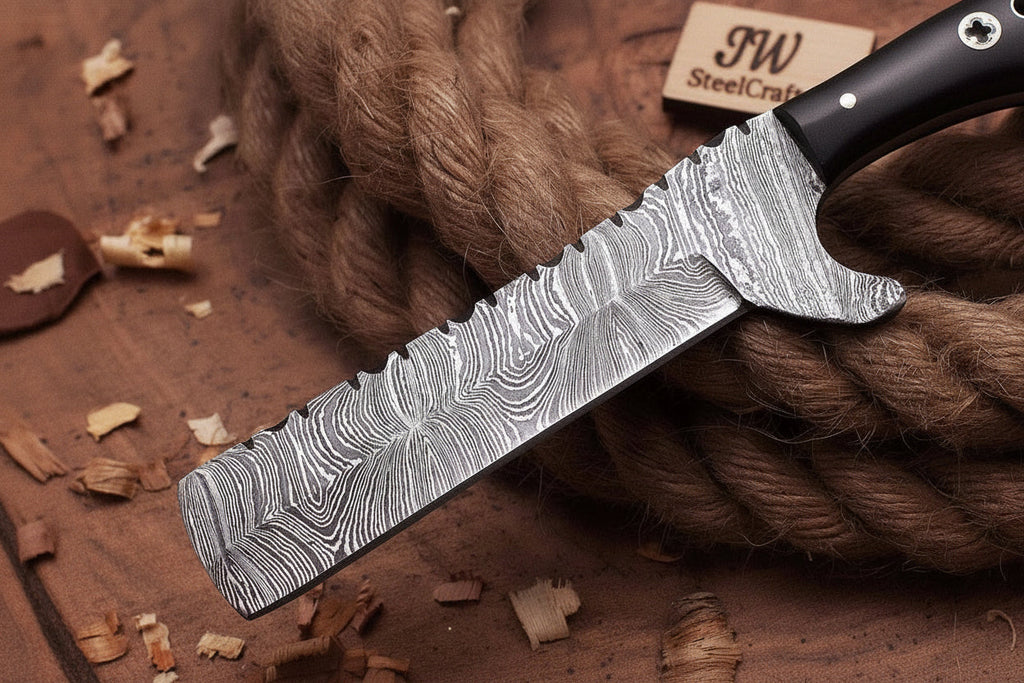 Blackhorn Bull Cutter Knife 7" Handmade Ladder Damascus Black Resin Handle