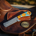 Blue Resin Cleaver Folding Knife with Olive Wood Inlay Handle