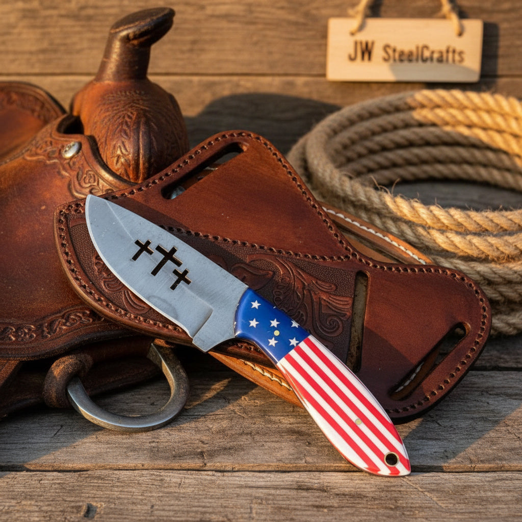 Old Glory Skinner Knife 8.5" Handmade Damascus American Flag Handle