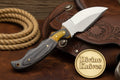 Yellow Accent Damascus Knife with Gray Wood Handle and Lanyard Hole