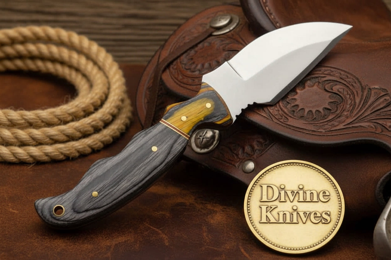 Yellow Accent Damascus Knife with Gray Wood Handle and Lanyard Hole