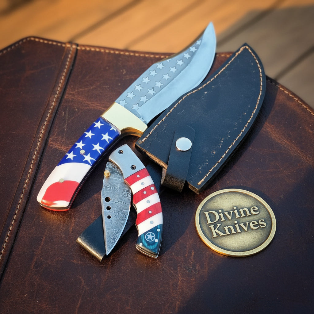 Starfield American Flag Bowie Combo Set with Damascus Folder