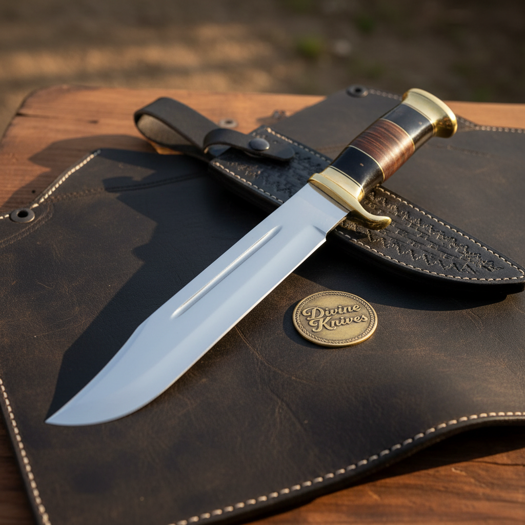 Stacked Leather Handle Bowie Knife with Fullered Mirror Blade and Black Tooled Sheath