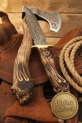 Wolf Head Damascus Bowie Knife with Matching Celtic Tomahawk Axe