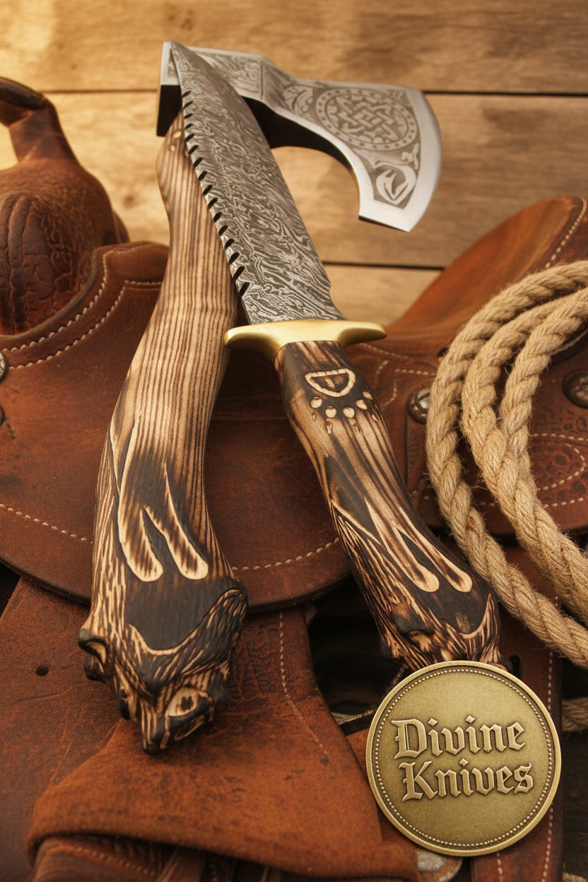 Wolf Head Damascus Bowie Knife with Matching Celtic Tomahawk Axe