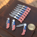 USA Flag Damascus Folder Lot with Matching Wood Grain Damascus Blades