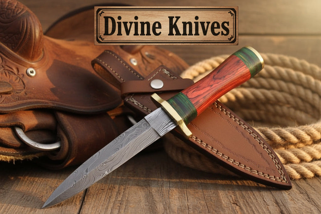 Minimalist Dark Wood Damascus Knife with a Single Green Ring Detail