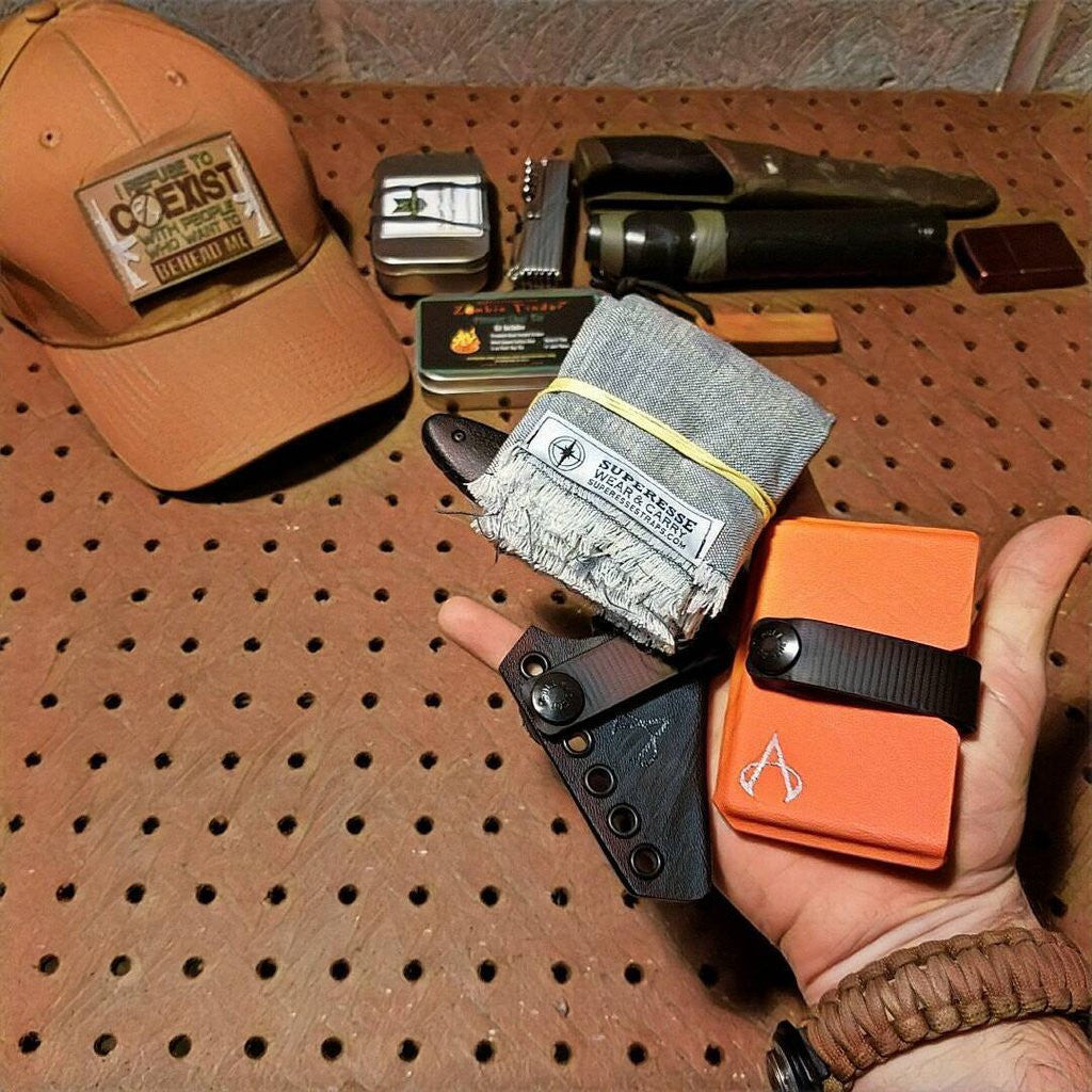 Saw Shemagh: Firestarter sewn button, built-in Kevlar Utility Saw, Fire Tinder border.